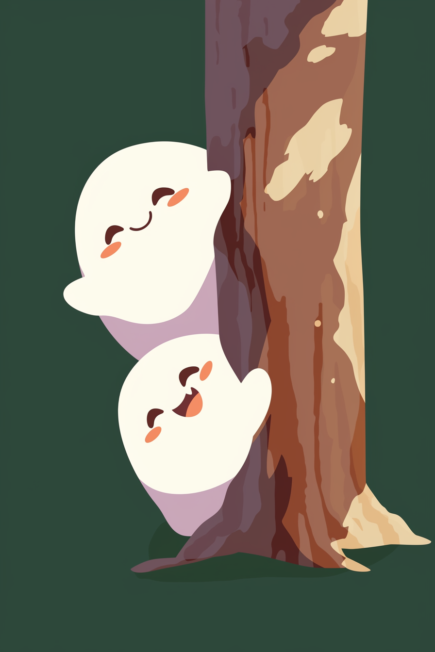cute halloween drawings for kids, featuring two adorable ghosts playing hide and seek behind a tree.